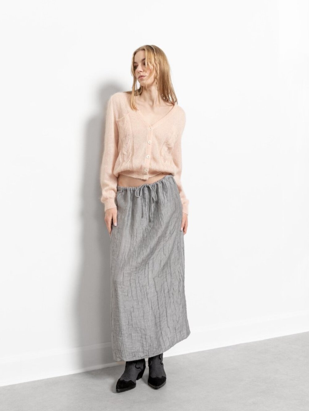 CRINKLE LINEN MAXI Skirt Vintage Low Rise Light / Small Medium - Picture 5 of 10